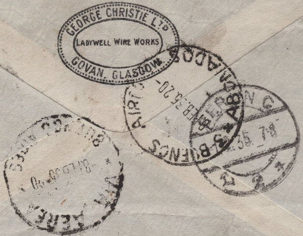 142051 1935 AIRMAIL GLASGOW TO BUENOS AIRES, SOUTH AMERICA WITH 5S SEAHORSE (SG451) AND KGV 1S (SG429) X 7.