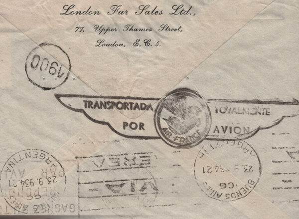 142052 1934 AIRMAIL LONDON TO BUENOS AIRES, ARGENTINE WITH 2/6 SEAHORSE (SG415a) AND KGV 6D (SG426a) X 3.