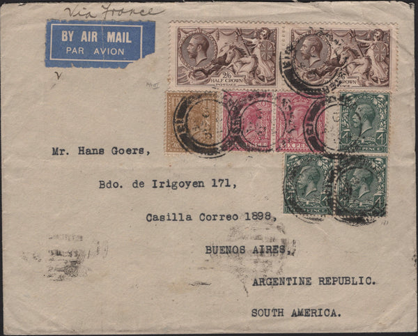 142053 1934 AIRMAIL MANCHESTER TO BUENOS AIRES, ARGENTINE WITH 2/6 SEAHORSE (SG415a) X 2 ALSO 4D (SG424) X  3, 6D (SG426a)  X 2 AND 1S (SG429).