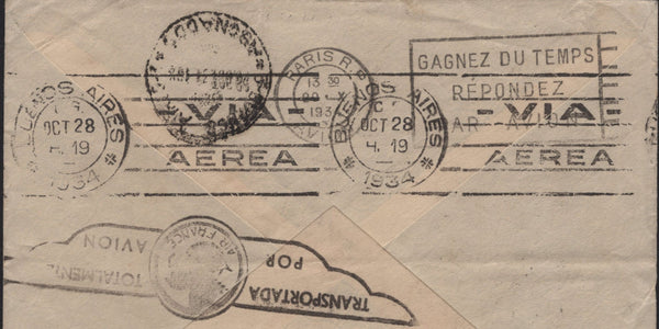 142053 1934 AIRMAIL MANCHESTER TO BUENOS AIRES, ARGENTINE WITH 2/6 SEAHORSE (SG415a) X 2 ALSO 4D (SG424) X  3, 6D (SG426a)  X 2 AND 1S (SG429).