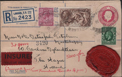 142054 1936 REGISTERED INSURED MAIL LONDON TO HOLLAND WITH 2/6 SEAHORSE (SG450) KGV 6D (SG426a) AND ½D (SG439).