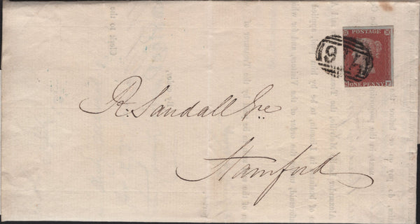 142057 1852 MAIL SLEAFORD, LINCS TO STAMFORD 1D (SG8), FINE PRINTED CONTENT 'LIncolnshire County Lunatic Asylum.'