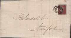 142057 1852 MAIL SLEAFORD, LINCS TO STAMFORD 1D (SG8), FINE PRINTED CONTENT 'LIncolnshire County Lunatic Asylum.'