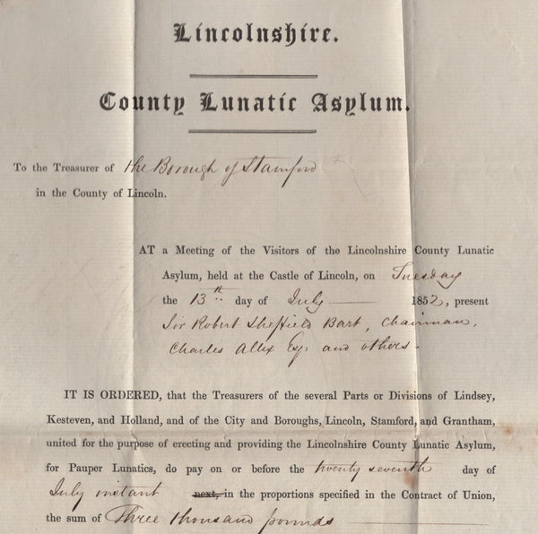 142057 1852 MAIL SLEAFORD, LINCS TO STAMFORD 1D (SG8), FINE PRINTED CONTENT 'LIncolnshire County Lunatic Asylum.'