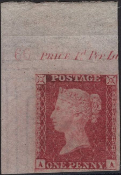 142059 1857 DIE2 1D PL.66 CORNER MARGINAL IMPERFORATE  IMPRIMATUR LETTERED AA WITH WATERMARK INVERTED.