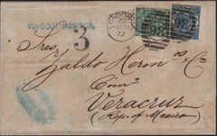 142061 1872 MAIL LONDON TO VERA CRUZ, MEXICO WITH 1S GREEN (SG117) AND 2S BLUE (SG118).