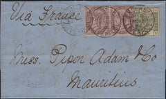 142062 1886 MAIL LIVERPOOL TO MAURITIUS 6D GREEN (SG194) 1D LILAC (SG172) X 2.