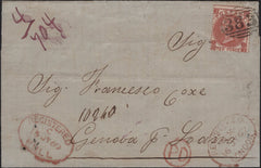 142063 1869 REGISTERED MAIL HULL TO GENOVA, ITALY WITH 10D RED-BROWN (SG112).