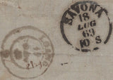 142063 1869 REGISTERED MAIL HULL TO GENOVA, ITALY WITH 10D RED-BROWN (SG112).