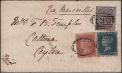 142065 1857 MAIL RINGWOOD, HANTS TO CEYLON, THREE COLOUR COMBINATION INCLUDING 6D DEEP LILAC ON 'AZURE' BLUED PAPER (SG69a).