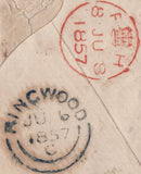 142065 1857 MAIL RINGWOOD, HANTS TO CEYLON, THREE COLOUR COMBINATION INCLUDING 6D DEEP LILAC ON 'AZURE' BLUED PAPER (SG69a).