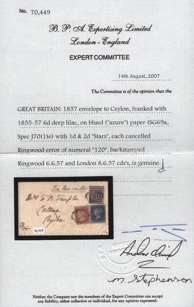 142065 1857 MAIL RINGWOOD, HANTS TO CEYLON, THREE COLOUR COMBINATION INCLUDING 6D DEEP LILAC ON 'AZURE' BLUED PAPER (SG69a).