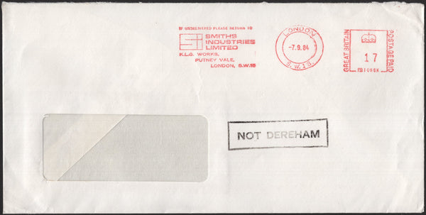 142069 1984 MAIL FROM LONDON WITH METER MARK AND BOXED 'NOT DEREHAM' HANDSTAMP.