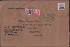 142070  1975 MAIL THETFORD, NORFOLK TO NORWICH WITH 10P NATIONAL SAVINGS STAMP INVALID FOR POSTAGE.