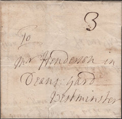 142078 1745 MAIL EXTON, RUTLAND TO LONDON WITH 'STAM/FORD' TWO LINE HAND STAMPS, UNRECORDED COUNTY CATALOGUE.