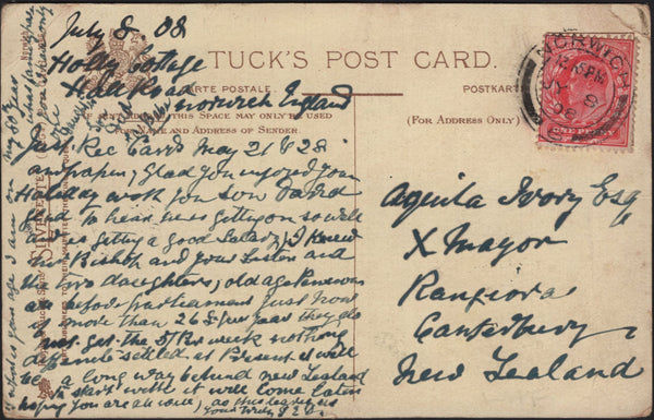 142080 1908 MAIL NORWICH TO CANTERBURY, NEW ZEALAND.