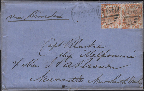 142081 1877 MAIL LIVERPOOL TO AUSTRALIA WITH 8D ORANGE (SG156) X 2.
