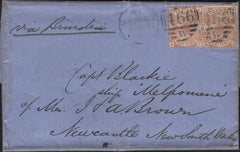 142081 1877 MAIL LIVERPOOL TO AUSTRALIA WITH 8D ORANGE (SG156) X 2.