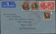 142082 1937 AIRMAIL LONDON TO BUENOS AIRES, ARGENTINE WITH 5S SEAHORSE (SG451) AND 1S (SG449) X 3.
