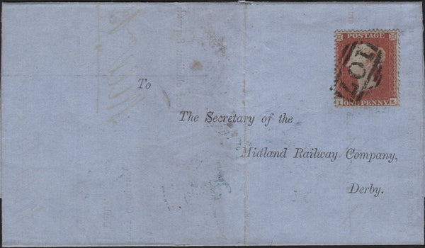 142083 1854 1D ARCHER EXPERIMENTAL PERFORATION PL.97 (SG16b) ON COVER BRADFORD, YORKS TO DERBY.