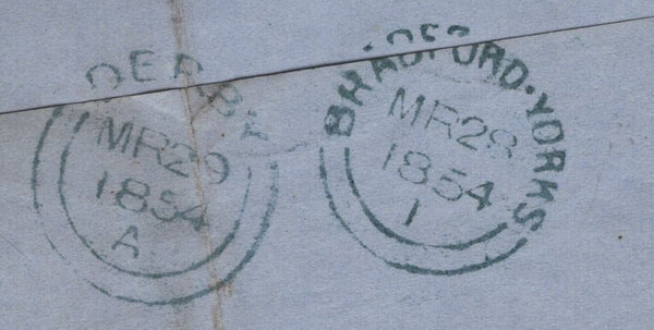 142083 1854 1D ARCHER EXPERIMENTAL PERFORATION PL.97 (SG16b) ON COVER BRADFORD, YORKS TO DERBY.