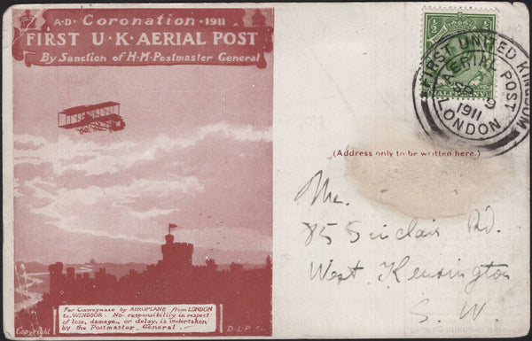 142085 1911 FIRST U.K AERIAL POST, LONDON POSTCARD IN RED-BROWN SIGNED 'C HUBERT' THE PILOT WHO CRASHED HIS PLANE.