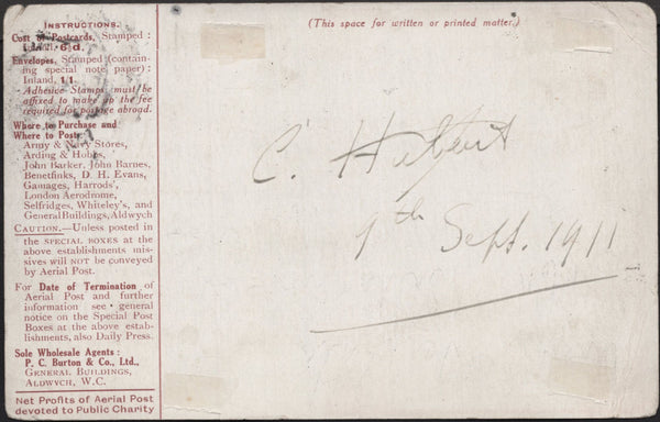 142085 1911 FIRST U.K AERIAL POST, LONDON POSTCARD IN RED-BROWN SIGNED 'C HUBERT' THE PILOT WHO CRASHED HIS PLANE.