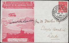 142086 1911 FIRST U.K. AERIAL POST LONDON ENVELOPE IN SCARLET SIGNED BY THE DESIGNER 'Warwick Lendon' .