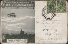 142087 1911 FIRST U.K. AERIAL POST LONDON POSTCARD IN OLIVE-GREEN TO CAPE TOWN, SOUTH AFRICA.
