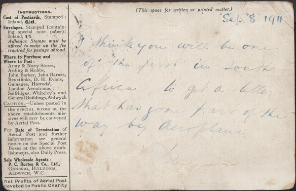 142087 1911 FIRST U.K. AERIAL POST LONDON POSTCARD IN OLIVE-GREEN TO CAPE TOWN, SOUTH AFRICA.