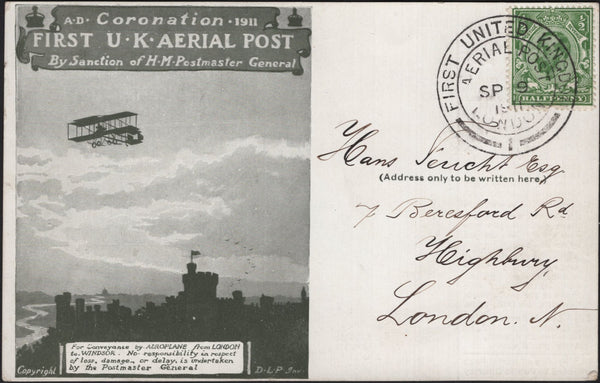 142088 1911 FIRST U.K. AERIAL POST LONDON POSTCARD IN OLIVE-GREEN USED IN LONDON.