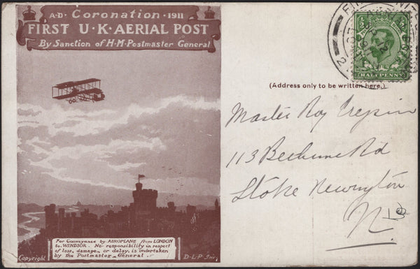 142089 1911 FIRST U.K. AERIAL POST LONDON POSTCARD IN RED-BROWN TO STOKE NEWINGTON.
