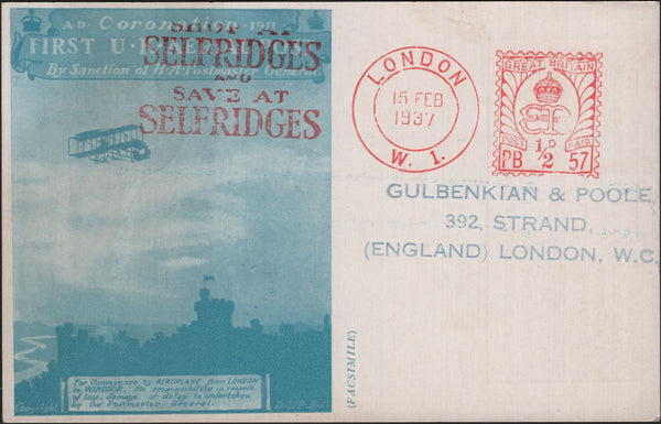 142091 1937 FACSIMILE 1911 FIRST U.K. AERIAL POST LONDON POSTCARD IN BLUE TO LONDON.