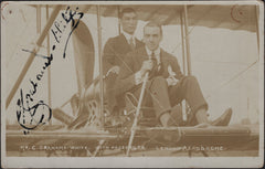 142092 CIRCA 1911-1915 POSTCARD OF 'C. GRAHAME-WHITE WITH PASSENGER' ABOARD A PLANE SIGNED 'C Grahame-White'.