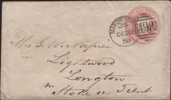 142097 1858 1D PINK ENVELOPE MANCHESTER TO STOKE WITH 'MANCHESTER/498' SPOON TYPE D3 SECOND RE-CUT (RA84).