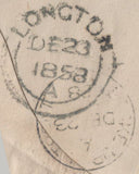 142097 1858 1D PINK ENVELOPE MANCHESTER TO STOKE WITH 'MANCHESTER/498' SPOON TYPE D3 SECOND RE-CUT (RA84).