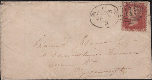 142102 1863 MAIL WORCESTER TO PLYMOUTH WITH 'WORCESTER/918' SPOON SECOND RE-CUT (RA129).