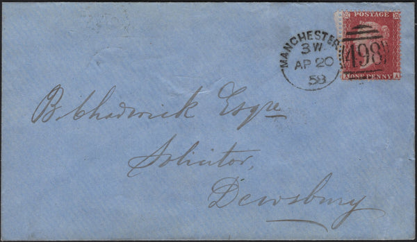 142111 1858 MAIL MANCHESTER TO DEWSBURY, 1D PL.57 (SG40) 'MANCHESTER/498' SPOON TUPE E3 FIRST RE-CUT (RA104).