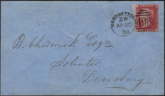 142111 1858 MAIL MANCHESTER TO DEWSBURY, 1D PL.57 (SG40) 'MANCHESTER/498' SPOON TUPE E3 FIRST RE-CUT (RA104).