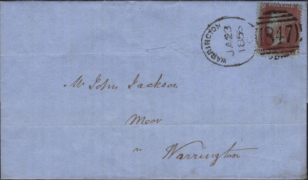 142116 1856 PRINTED WRAPPER USED LOCALLY IN WARRINGTON WITH 1D (SPEC C6) 'WARRINGTON/847' ORIGINAL TYPE SPOON (RA123).
