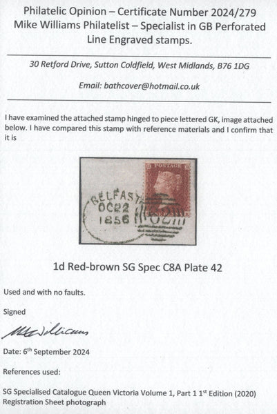 142140 1856 DIE 2 1D PL.42 RED-BROWN ON WHITE PAPER (SG37/SPEC C8A). VERY FINE USED ON DATED PIECE.