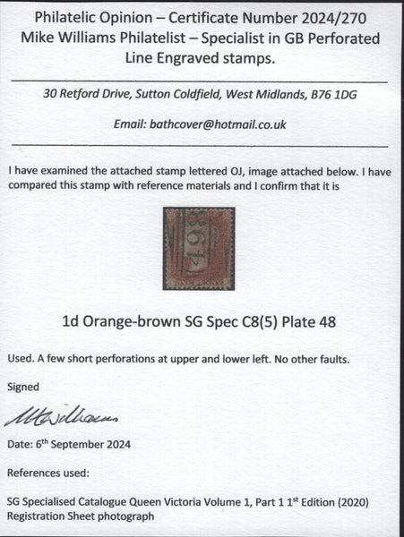 142141 1856 DIE 2 1D PL.48 ORANGE-BROWN ON BLUED PAPER (SG29 SPEC C8(5) GOOD TO FINE USED.