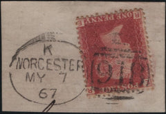 142170 1867 PIECE 1D PL.78 (SG43) 'WORCESTER/918' SIXTH RE-CUT (RA133).