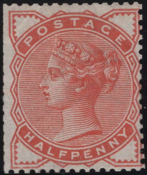 142195 1884 STAMP COMMITTEE DE LA RUE ½D ORANGE-RED PERFORATED COLOUR TRIAL (SG187) WHITE PAPER WMK CROWN, GOOD UNUSED.