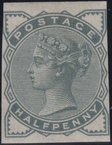 142196 1884 STAMP COMMITTEE DE LA RUE ½D GREENISH-GREY  IMPERF COLOUR TRIAL (SG187) WHITE PAPER WMK CROWN, GOOD UNUSED.