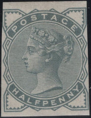 142196 1884 STAMP COMMITTEE DE LA RUE ½D GREENISH-GREY  IMPERF COLOUR TRIAL (SG187) WHITE PAPER WMK CROWN, GOOD UNUSED.