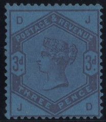 142200 1884 STAMP COMMITTE DE LA RUE 3D PURPLE ON BLUE PERFORATED UNWATERMARKED PAPER COLOUR TRIAL (SG191), FINE UNUSED.