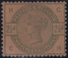142201 1884 STAMP COMMITTEE DE LA RUE 2½D GREEN ON BUFF PERFORATED UNWATERMARKED PAPER COLOUR TRIAL (SG190), GOOD UNUSED.