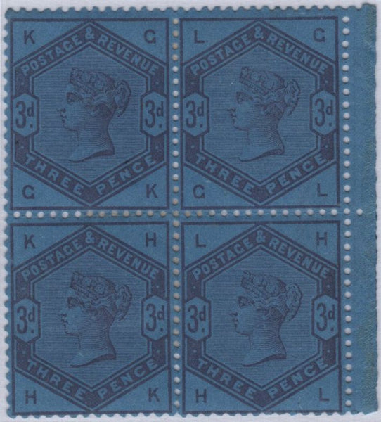 142204 1884 STAMP COMMITTEE DE LA RUE 3D PURPLE ON BLUE PERFORATED UNWATERMARKED PAPER COLOUR TRIAL (SG191), GOOD UNUSED BLOCK OF FOUR.
