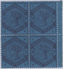 142204 1884 STAMP COMMITTEE DE LA RUE 3D PURPLE ON BLUE PERFORATED UNWATERMARKED PAPER COLOUR TRIAL (SG191), GOOD UNUSED BLOCK OF FOUR.